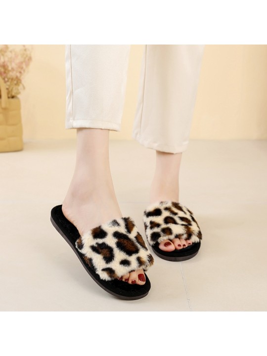 Autumn And Winter Women Fashionable Plus Size Leopard Plush Round Flat Slippers