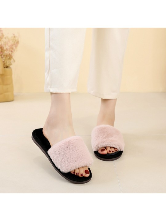 Autumn And Winter Women Fashionable Plus Size Leopard Plush Round Flat Slippers