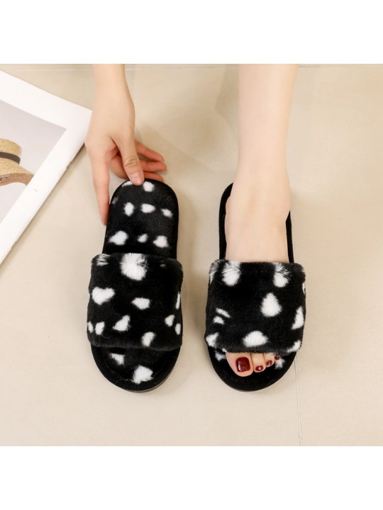 Autumn And Winter Women Fashionable Plus Size Leopard Plush Round Flat Slippers