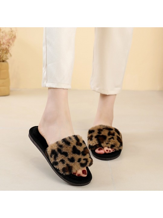 Autumn And Winter Women Fashionable Plus Size Leopard Plush Round Flat Slippers