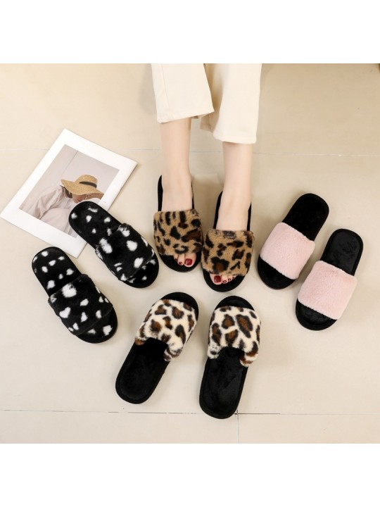 Autumn And Winter Women Fashionable Plus Size Leopard Plush Round Flat Slippers