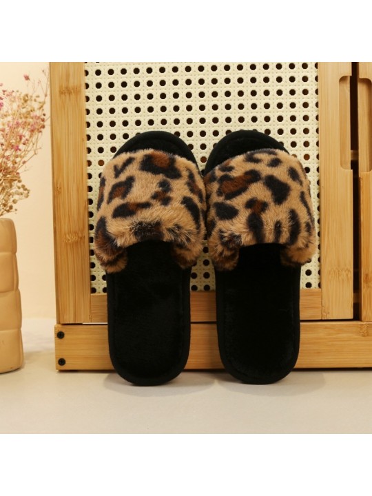 Autumn And Winter Women Fashionable Plus Size Leopard Plush Round Flat Slippers