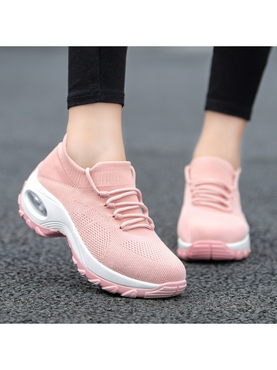 Women Casual Solid Color Plus Size Flying Woven Breathable Lace-Up Sneaker