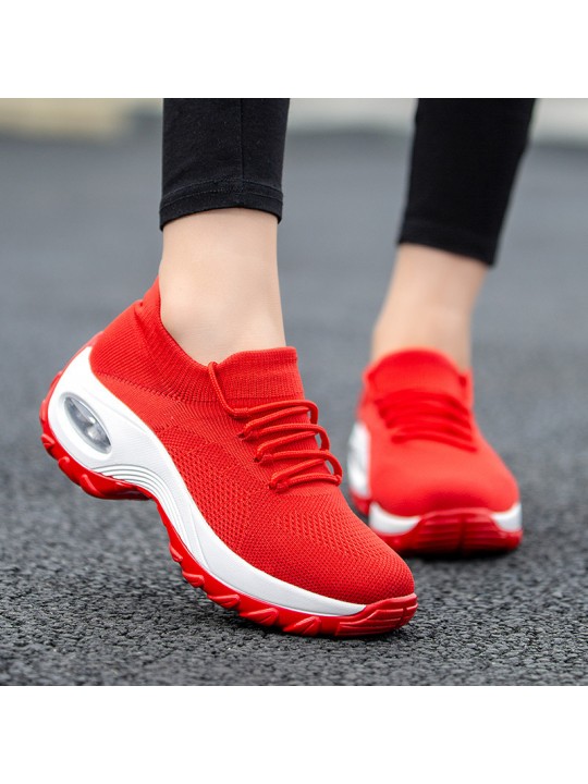 Women Casual Solid Color Plus Size Flying Woven Breathable Lace-Up Sneaker