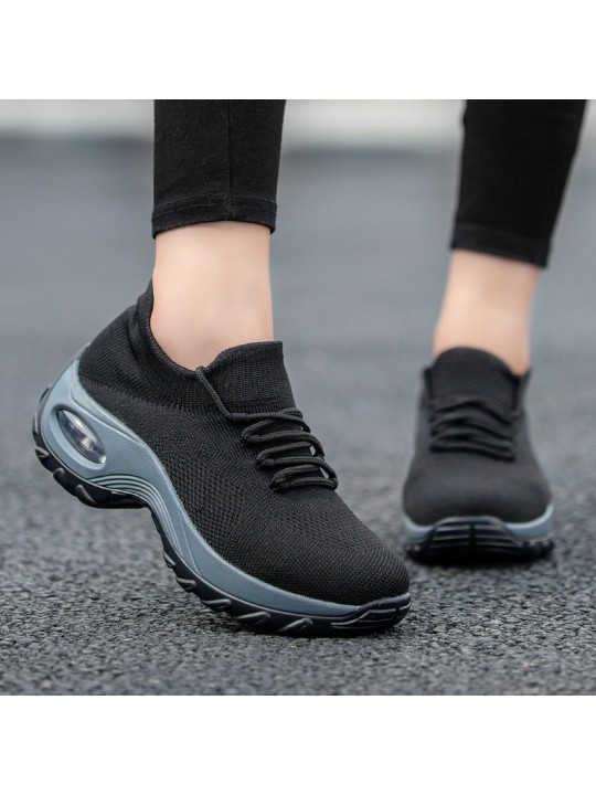 Women Casual Solid Color Plus Size Flying Woven Breathable Lace-Up Sneaker