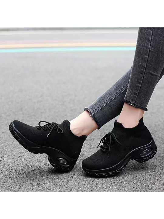 Women Casual Solid Color Plus Size Flying Woven Breathable Lace-Up Sneaker