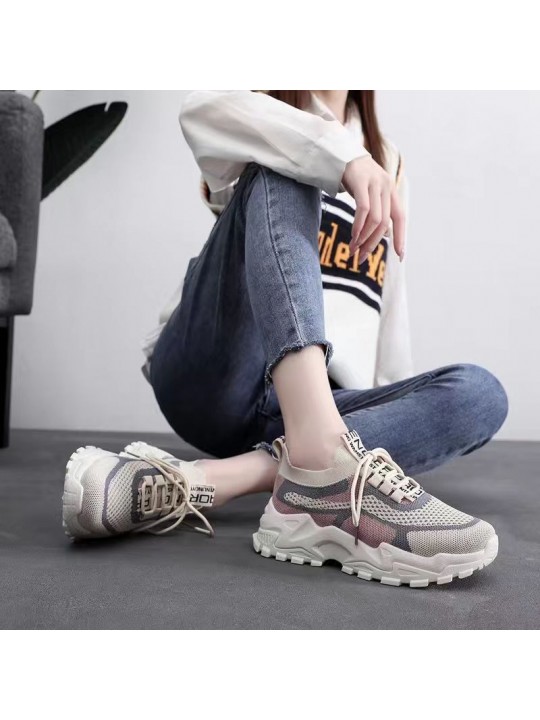 Women Fashion Casual Breathable Mesh Lace-Up Thick-Soled Sneakers