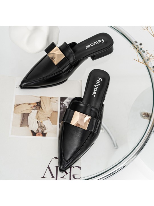 Women Fashion Plus Size Pointed Toe Metal Buckle Mule Shoes