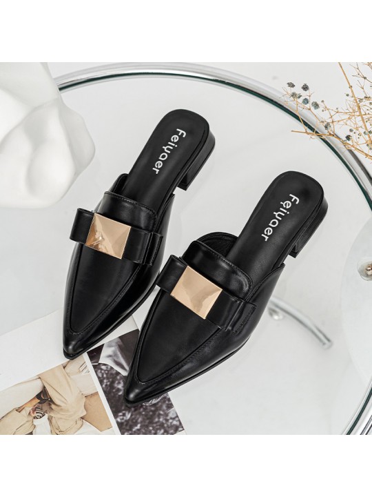 Women Fashion Plus Size Pointed Toe Metal Buckle Mule Shoes