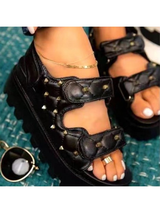 Summer Women Casual Plus Size Velcro PU Studded Thick-Soled Sandals