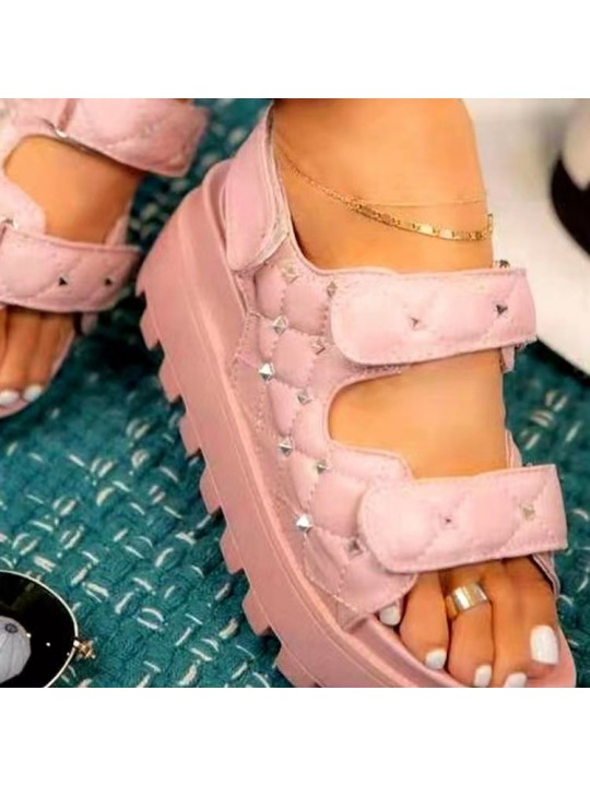 Summer Women Casual Plus Size Velcro PU Studded Thick-Soled Sandals