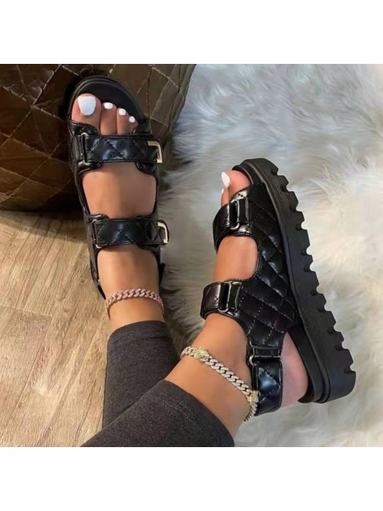 Summer Women Casual Plus Size Velcro PU Studded Thick-Soled Sandals