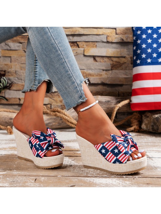 Summer Women Fashion Plus Size Platform Wedge Heel Star Bow Slippers