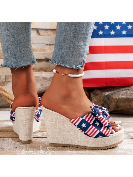 Summer Women Fashion Plus Size Platform Wedge Heel Star Bow Slippers