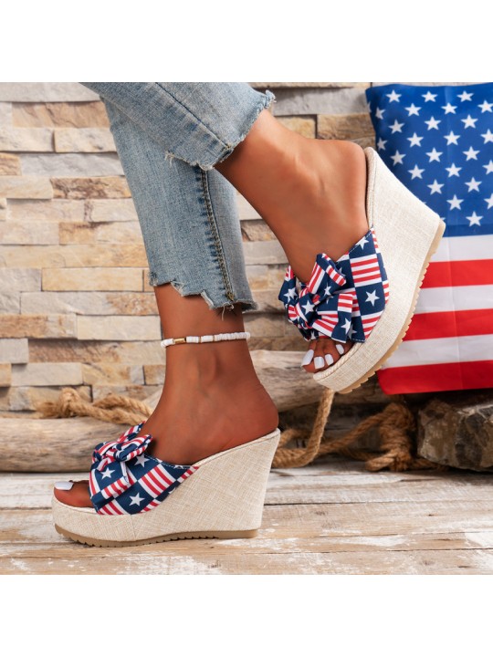 Summer Women Fashion Plus Size Platform Wedge Heel Star Bow Slippers