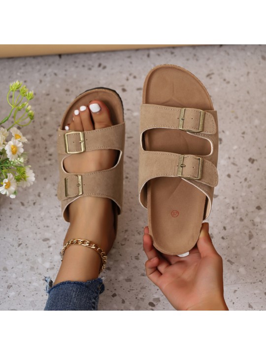 Women Casual Plus Size Belt Buckle Flat Slippers With Round Toe