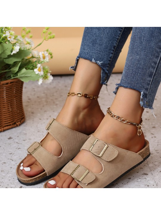 Women Casual Plus Size Belt Buckle Flat Slippers With Round Toe