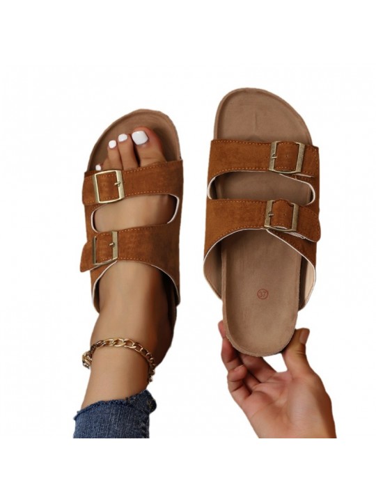 Women Casual Plus Size Belt Buckle Flat Slippers With Round Toe