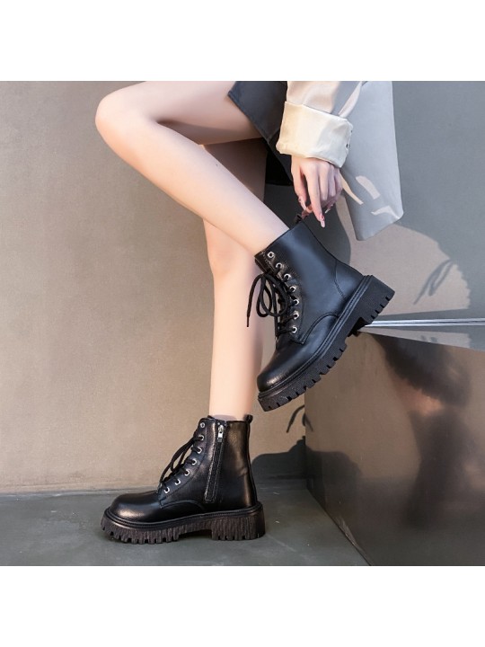 Women Fashion Locomotive British Style Plus Size Thick-Soled Round Toe Lace Short Boots