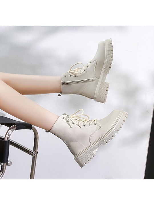 Women Fashion Locomotive British Style Plus Size Thick-Soled Round Toe Lace Short Boots