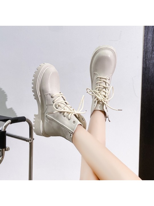 Women Fashion Locomotive British Style Plus Size Thick-Soled Round Toe Lace Short Boots