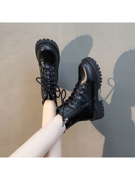 Women Fashion Locomotive British Style Plus Size Thick-Soled Round Toe Lace Short Boots