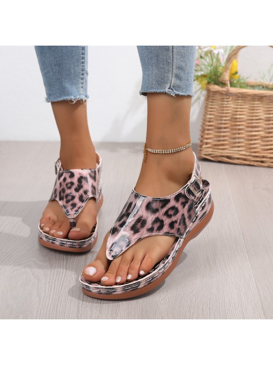 Women Fashion Plus Size Leopard Print Round Toe Thong Sandals