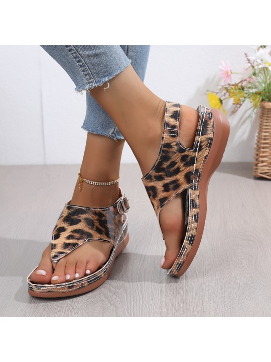 Women Fashion Plus Size Leopard Print Round Toe Thong Sandals