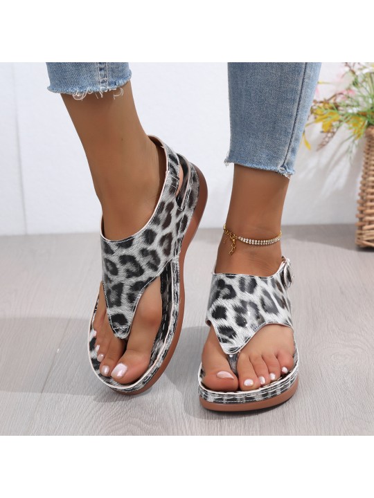 Women Fashion Plus Size Leopard Print Round Toe Thong Sandals