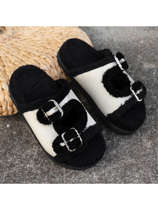 Women Fashion Plus Size Plush Belt Buckle Thick-Soled Round Toe Slippers