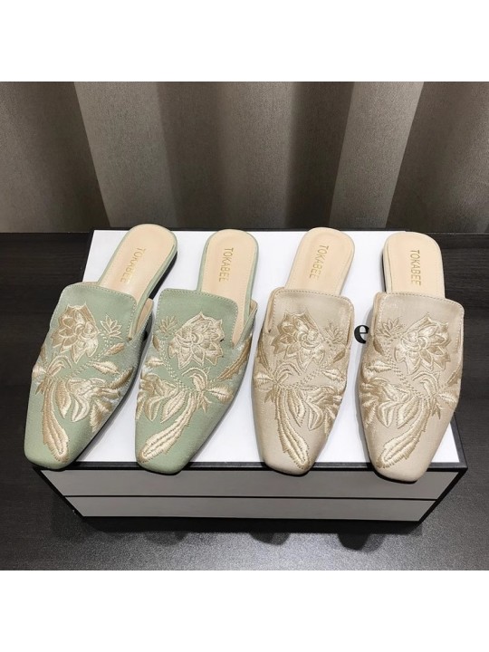 Women Fashion Vintage Plus Size Floral Embroidered Cover Toe Flat Muller Shoes