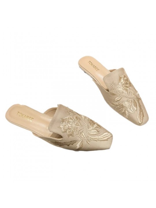 Women Fashion Vintage Plus Size Floral Embroidered Cover Toe Flat Muller Shoes