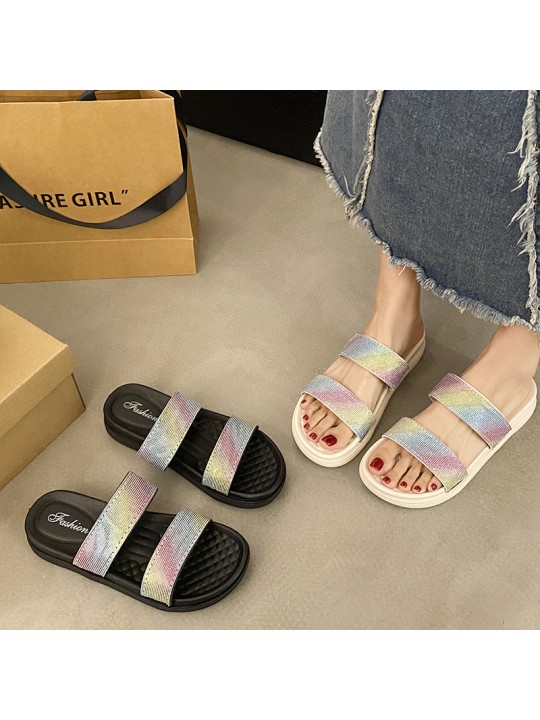 Summer Women Casual Colorful Rhinestone Flat Slippers With Round Toe