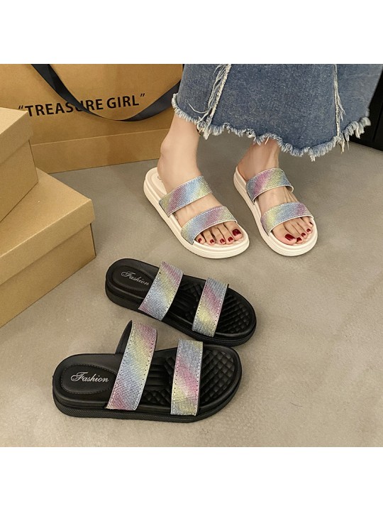 Summer Women Casual Colorful Rhinestone Flat Slippers With Round Toe