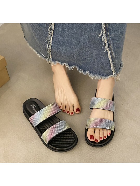 Summer Women Casual Colorful Rhinestone Flat Slippers With Round Toe