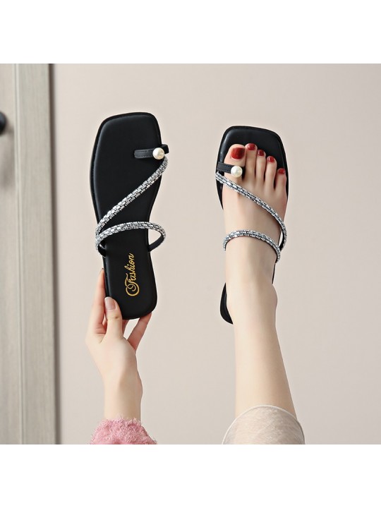 Summer Women Fashion Rhinestone Square Toe Pearl Flat Slippers