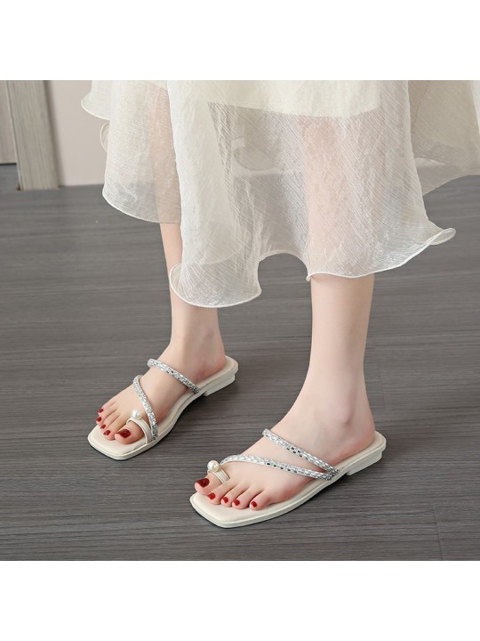 Summer Women Fashion Rhinestone Square Toe Pearl Flat Slippers