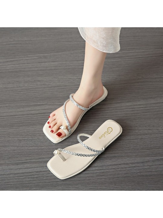 Summer Women Fashion Rhinestone Square Toe Pearl Flat Slippers