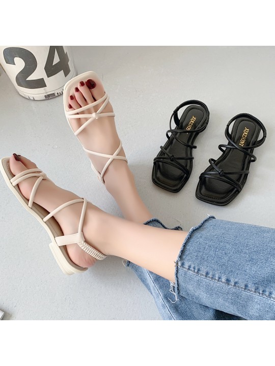 Summer Women Casual Solid Color Cross Strap Square Toe Flat Sandals