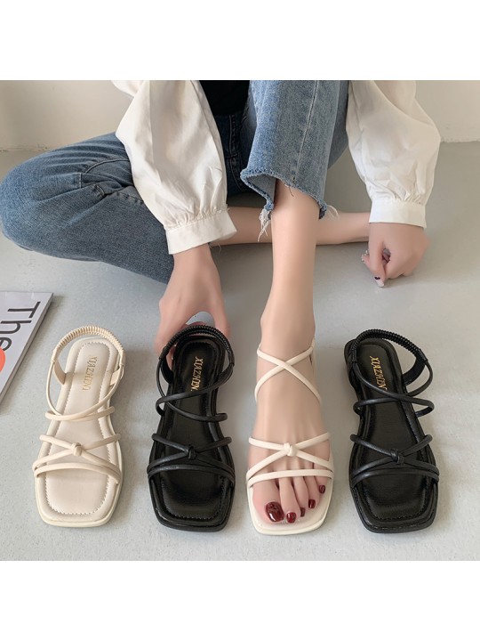 Summer Women Casual Solid Color Cross Strap Square Toe Flat Sandals