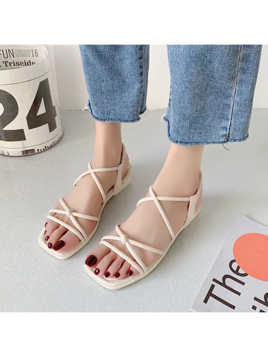 Summer Women Casual Solid Color Cross Strap Square Toe Flat Sandals