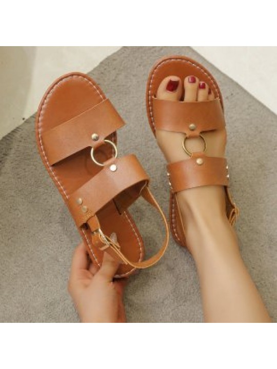 Summer Women Casual Plus Size Solid Color Round Toe Flat Slippers