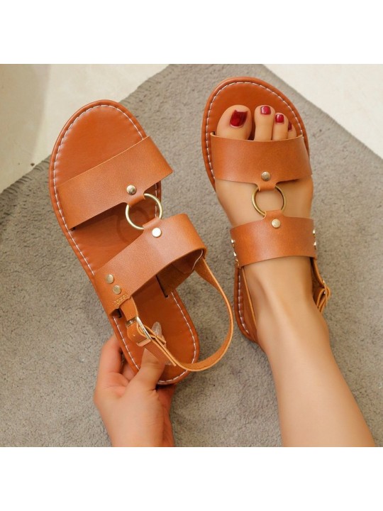 Summer Women Casual Plus Size Solid Color Round Toe Flat Slippers