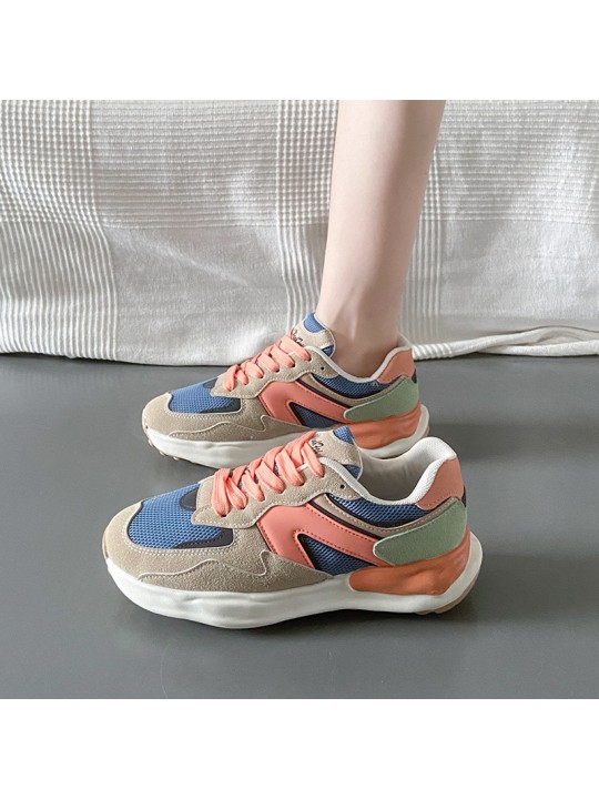 Summer Women Casual Color Block Round Toe Lace-Up Thick-Soled Sneaker