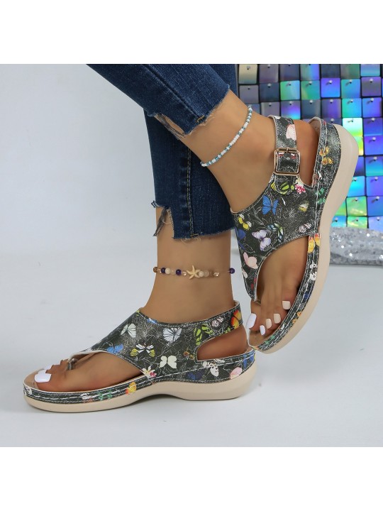 Summer Women Fashion Floral Butterfly Print Thong Sandals