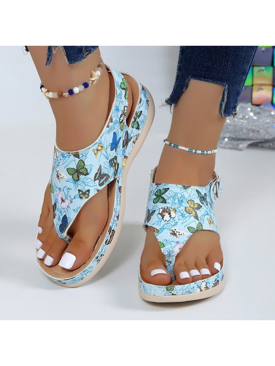 Summer Women Fashion Floral Butterfly Print Thong Sandals