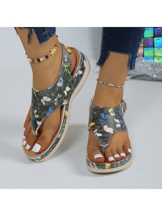 Summer Women Fashion Floral Butterfly Print Thong Sandals