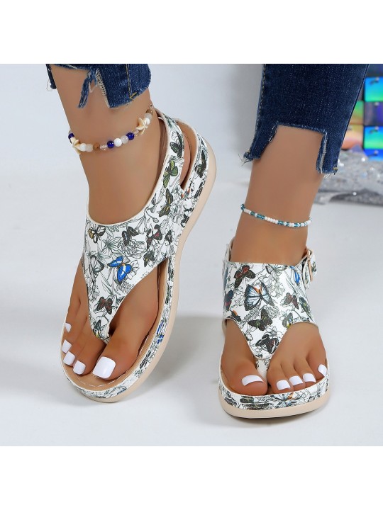 Summer Women Fashion Floral Butterfly Print Thong Sandals