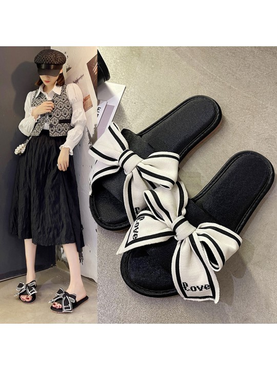 Summer Women Fashion Satin Bow Round Toe Flat Slippers