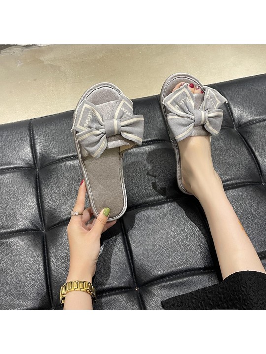 Summer Women Fashion Satin Bow Round Toe Flat Slippers